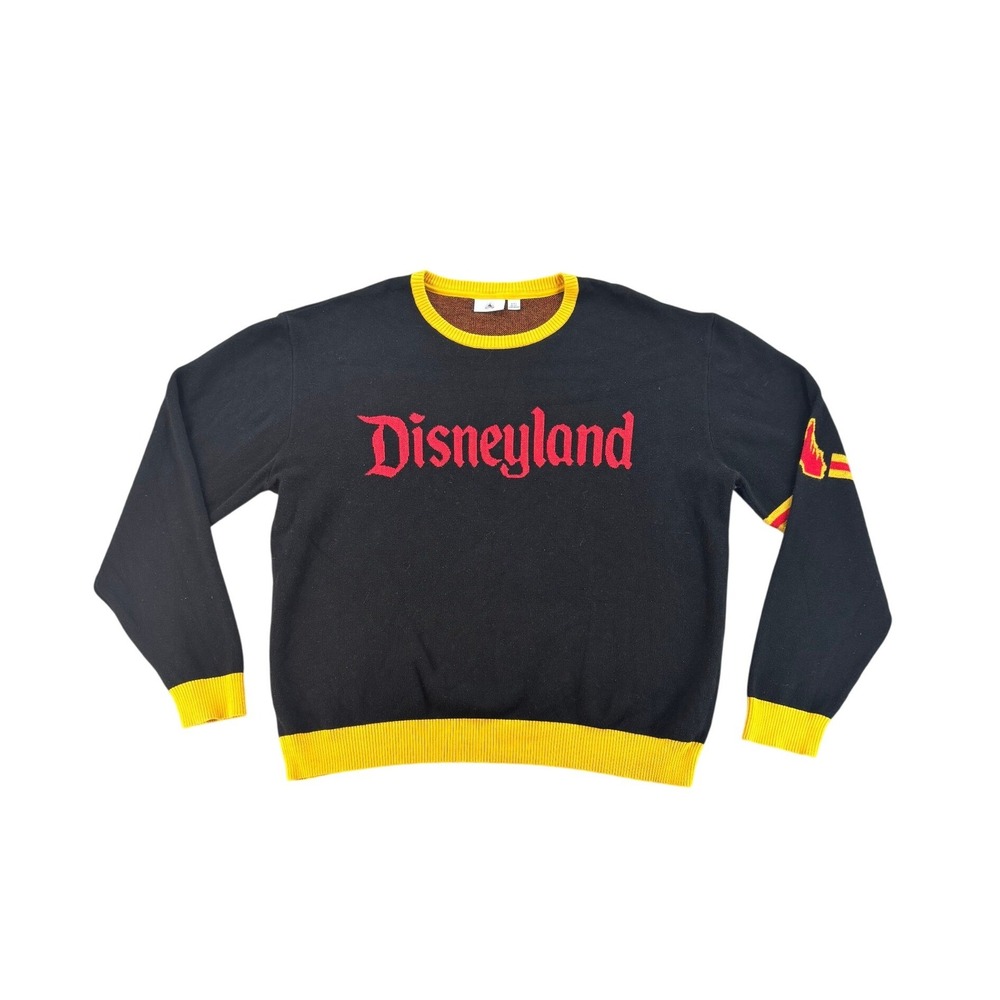 Disney Parks Disneyland Knit Sweater Black Yellow Red Gothic Logo XXL Mens